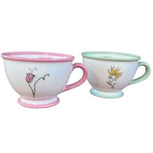 Pair Starbucks 2006 Ceramic Coffee Mugs Cups Floral Nurture Inspire Pink Green